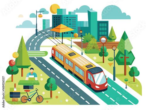 Modern cityscape with electric tram and greenery offers sustainable urban transportation options