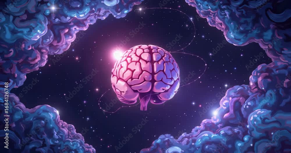 Playback starting brain floating and rotating in cosmic void, with orbiting spheres and nebulae