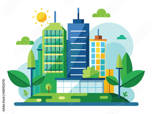 Sustainable urban office buildings representing eco-friendly business and green city living