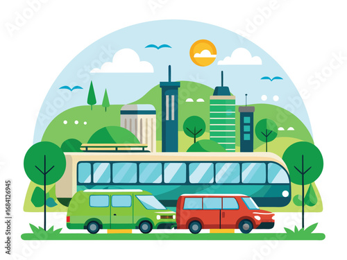 Eco-friendly public transport and cityscape with greenery and sustainable urban living