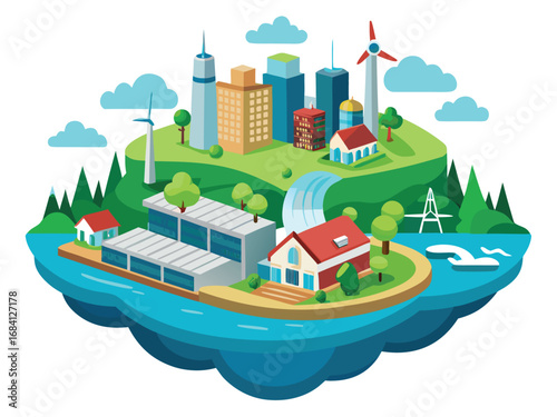 Sustainable cityscape green buildings wind turbines and water features on a lush island