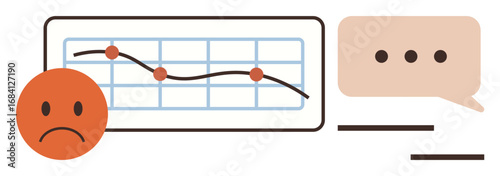 Downward graph with red data points, sad face icon, and speech bubble representing feedback and concern. Ideal for business loss, performance review, crisis communication, financial downfall