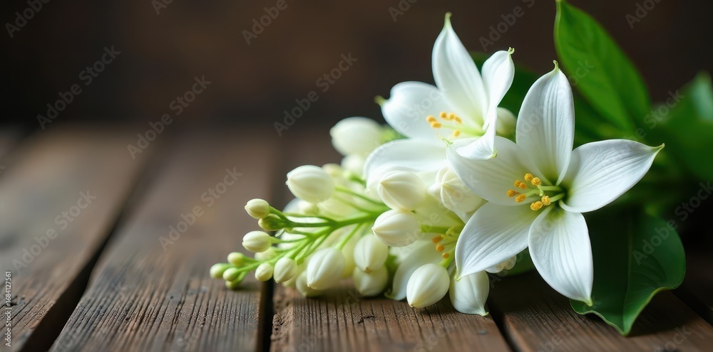 Fototapeta premium Elegant lilies of the valley bouquet, pristine white blooms on rustic wood table, delicate, pure, table