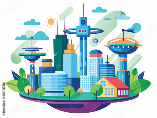 Futuristic eco city design featuring sustainable architecture and green spaces