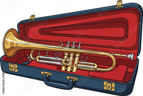 shining golden trumpet in a navy blue case a musical instrument illustration