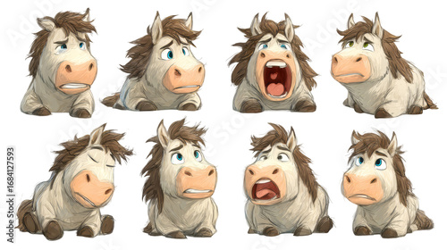 Cute cartoon horse character expressions showcasing a range of emotions including happiness, sadness, surprise, and anger in a playful illustration style. on a transparent background