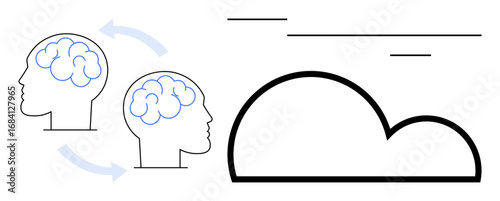 Two brains interconnected by arrows symbolize knowledge exchange, linking to a cloud graphic. Ideal for learning, collaboration, innovation, cloud computing, data sharing, technology
