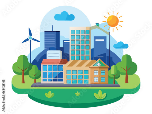 Modern cityscape powered by smart renewable energy sources and green technology