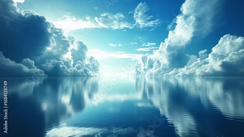 Peaceful Heavenly Sky with Sunlit Clouds Mirrored in a Calm Blue Sea.