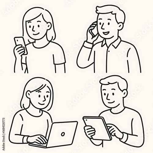 People with devices set. Female and male characters use smartphone, laptop, tablet and making phone call, surfing the internet, browsing in social media. Business doodle concept. Vector illustration