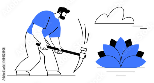Man using hoe for gardening near blooming flower and cloud. Ideal for gardening, hard work, growth, nature, agriculture, effort, dedication. A simple flat metaphor