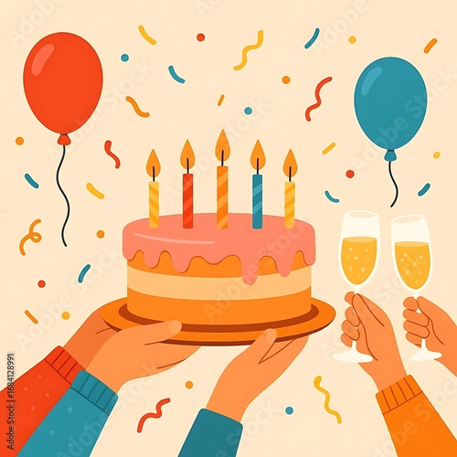 Birthday Party Celebration Vector Illustration – Hands Holding Cake with Candles, Balloons, and Champagne Glasses Holiday Concept