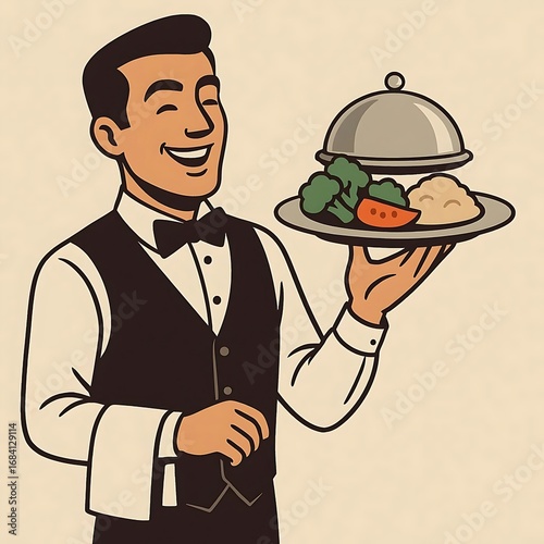 vector illustration of a waiter holding a tray with food