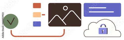 Checklist and folders connected to a cloud icon with a lock, a photo gallery, and data blocks. Ideal for productivity, workflow, data security, cloud storage, automation, organization data sharing