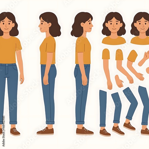 Casual woman character constructor for animation. Front, side and back view. Body parts and postures collection. Vector illustration.