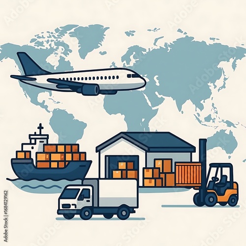 Transportation Vehicles Set in Isometric Style. Cargo Ships, Aircraft, Goods Trucks, and Freight Trains for Global Logistics, Cargo Transport, Import, and Export Concepts. Flat Vector Illustration.