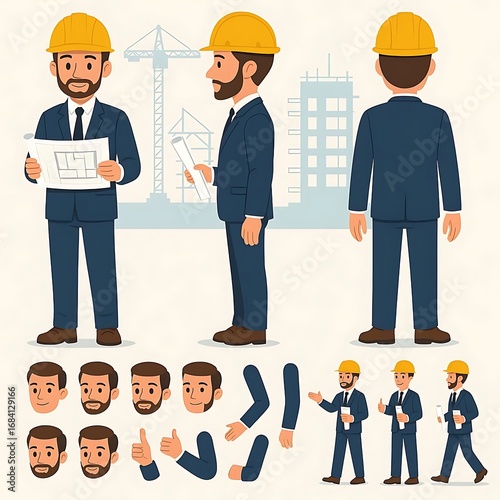 Civil engineer wearing hard hat holding construction project drawing. Character constructor for animation. Front, side and back view set. Body parts, postures, poses collection. Vector illustration