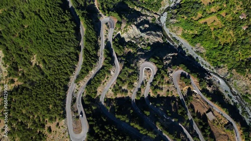 Albania, drone footage of a curvy road.