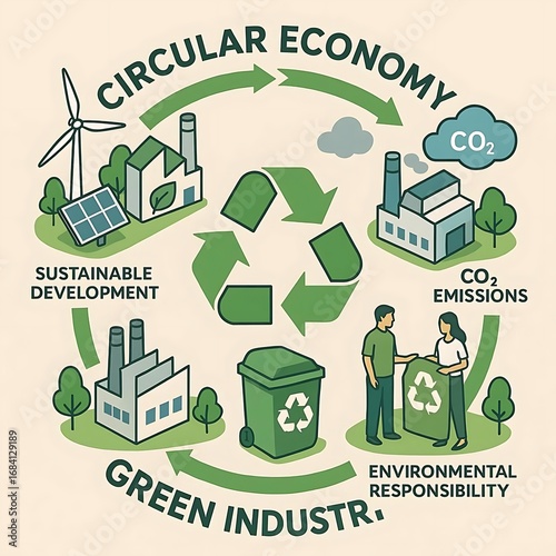Circular Economy and Green Industry Isometric Illustration – Sustainable Development, CO₂ Emission Impact, and Environmental Responsibility Infographic