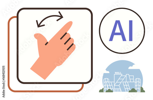 Hand with gesture and directional arrows, AI text, and mall graphic represent technology, interactivity, innovation, artificial intelligence, digital transformation, urban design, and smart solutions
