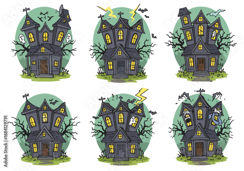 A collection of spooky haunted houses perfect for Halloween decorations and celebrations