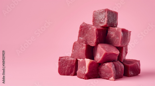 Pilha de cubos de carne bovina crua em fundo rosa