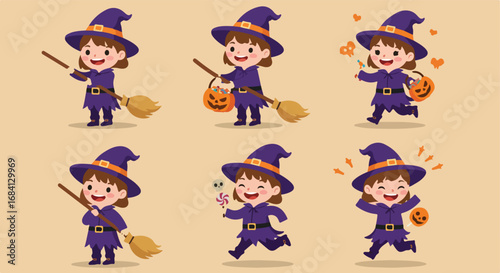 Adorable little witch character celebrating Halloween with pumpkins and broomsticks in various playful poses, perfect for festive decorations and greetings