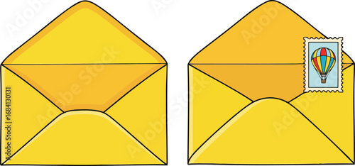 pair of yellow envelopes one sealed, one open with hot air balloon stamp