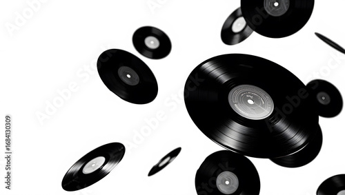Vinyl records floating in the air isolated on white background, creating a dynamic and nostalgic scene