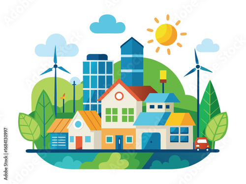 Sustainable eco housing cluster with wind turbines and solar panels futuristic green cityscape