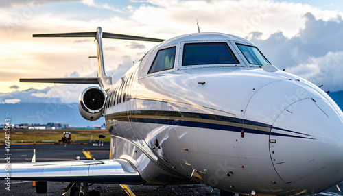 Sleek private jet ready for takeoff, showcasing luxury travel and exclusive aviation experiences against a scenic backdrop