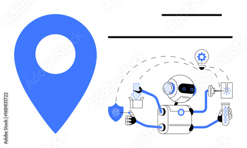 Robot executing diverse tasks thumbs up shipping, security, and innovation next to a blue location pin. Ideal for technology, logistics, AI, innovation, precision, research automation simple flat