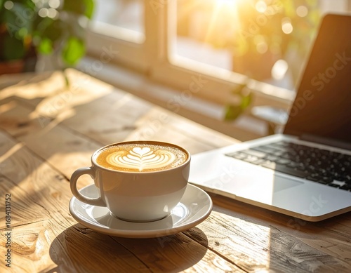 A cup of latte with beautiful art sits on a wooden table next to a laptop, illuminated by warm morning sunlight streaming through a window.