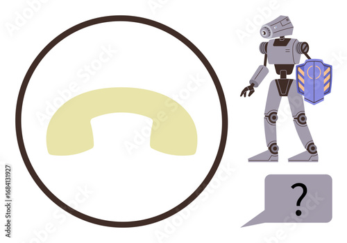 Robot with shield beside communication icon and speech bubble with question mark. Ideal for technology, AI concepts, innovation, future security, communication, automation, customer service