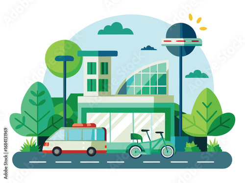 Modern green eco-friendly cityscape with sustainable transportation options and modern buildings