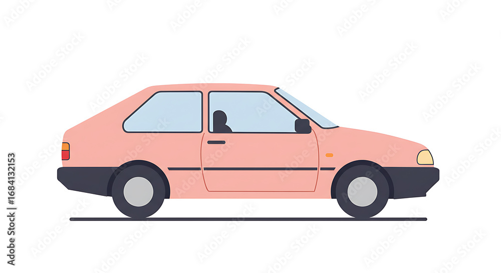 Fototapeta premium A pastel pink hatchback car from the 1980s or 1990s with tinted windows parked on a grey road against a white background 