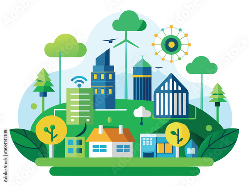 Future eco smart city landscape green energy technology sustainable urban development bright future