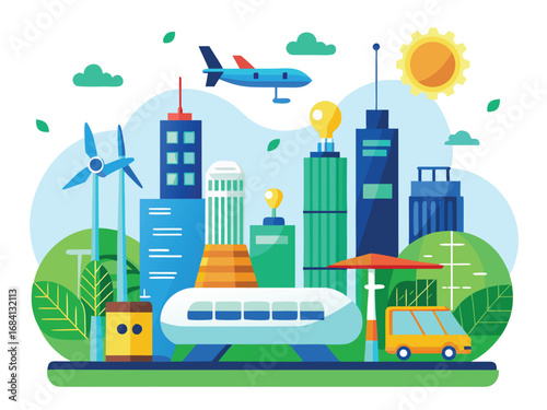 Futuristic smart cityscape with renewable energy and sustainable transportation ideas