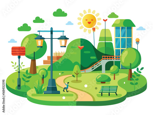Vibrant green urban park scene with modern buildings and sunny sky