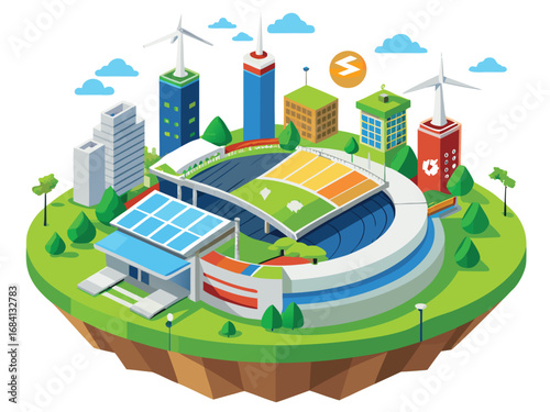 Sustainable eco-friendly cityscape with renewable energy and green stadium