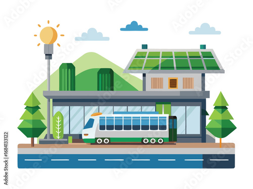 Eco-friendly city scene featuring green bus solar panels and wind turbines energy future
