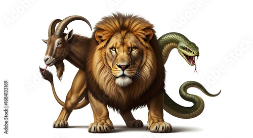 Illustration of a chimera with a lion body goat head and snake tail on a white background