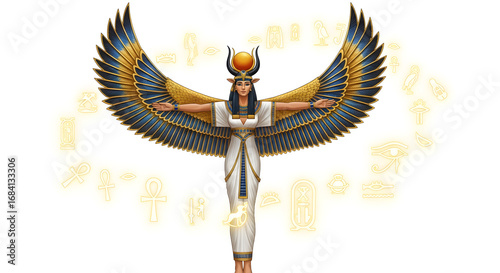 Egyptian goddess isis with outstretched wings and sun disk on her head on a white background
