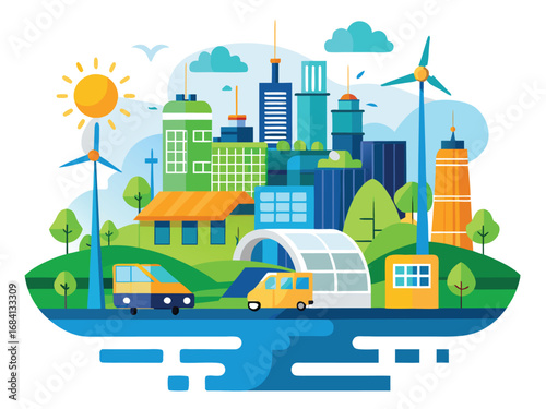 Modern smart eco city scene powered by renewable energy sources like solar and wind turbines