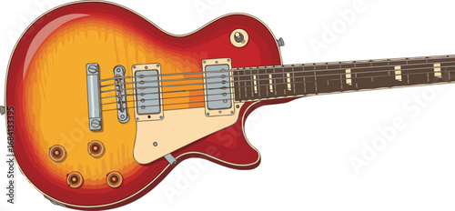 classic red electric guitar sunburst finish, six strings, detailed illustration