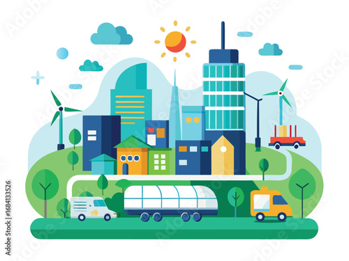 Green cityscape with wind turbines and solar panels promoting sustainable eco-friendly living