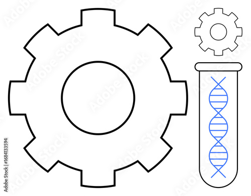 Large gear beside test tube containing DNA strand, symbolizing science, innovation, genetics, bioengineering, and technology. Ideal for research, biotech, collaboration education futuristic