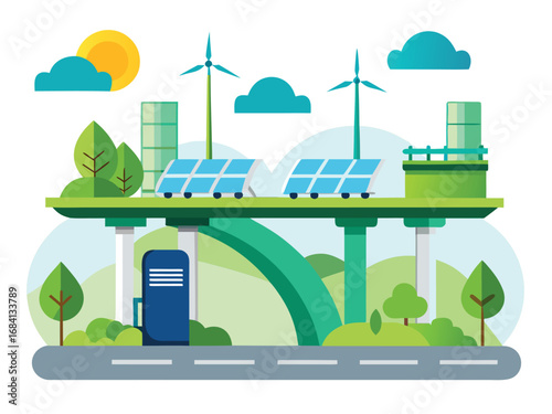 Green energy and sustainable transport hub featuring wind turbines solar panels and electric charging station