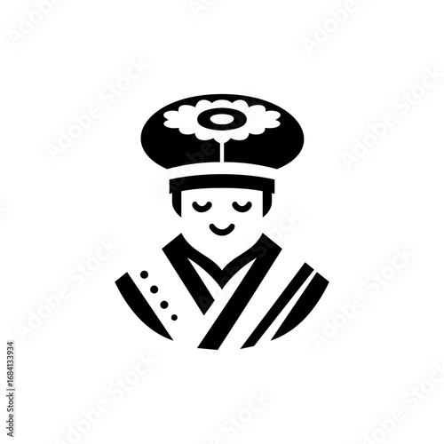 Minimalist vector illustration of a traditional Japanese character wearing a kimono and traditional chef's hat combined with sushi