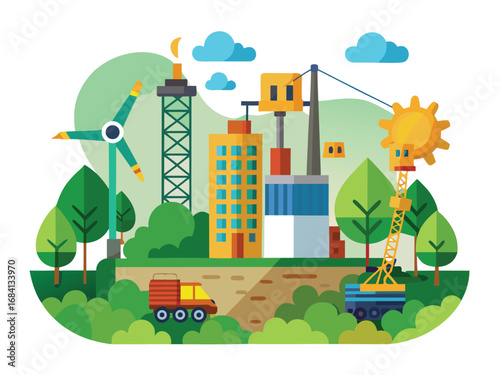 Sustainable eco friendly cityscape with renewable energy and green living concepts